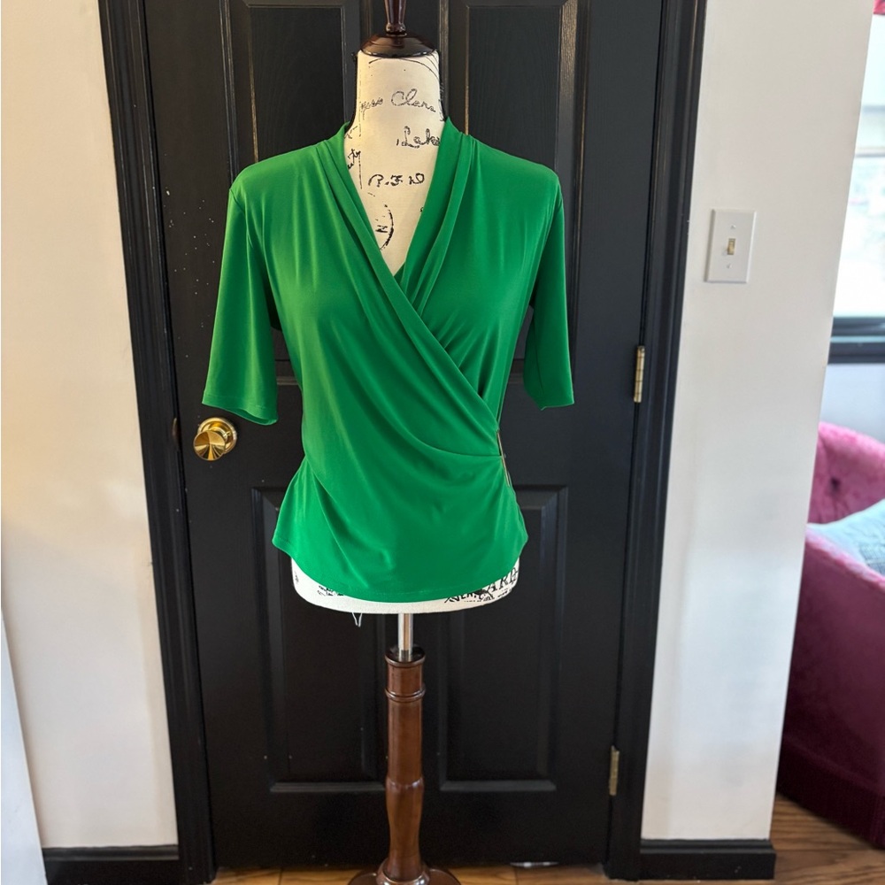 Elegant Green Faux Wrap Top w Gold Buckle Detail